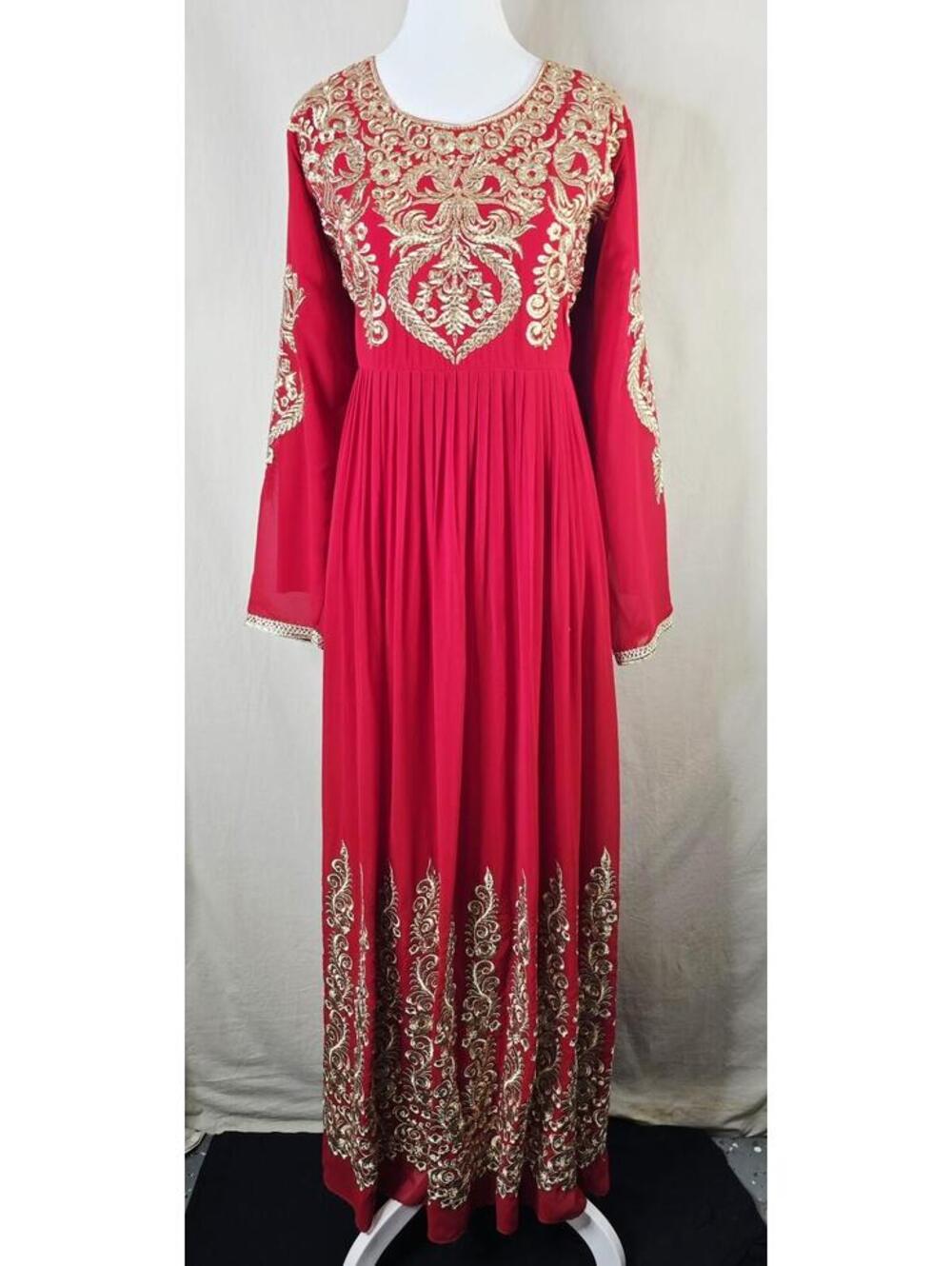 Albent Alshamia Red Gold Embroidered Chiffon Long Anarkali Dress Gown Women’s L